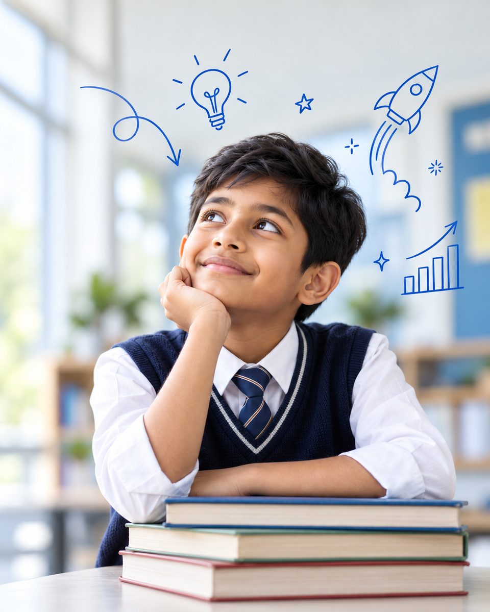 A smiling schoolboy rests his chin on a stack of books and looks up, imagining his future, with hand-drawn doodles of a lightbulb, rocket and rising chart around him