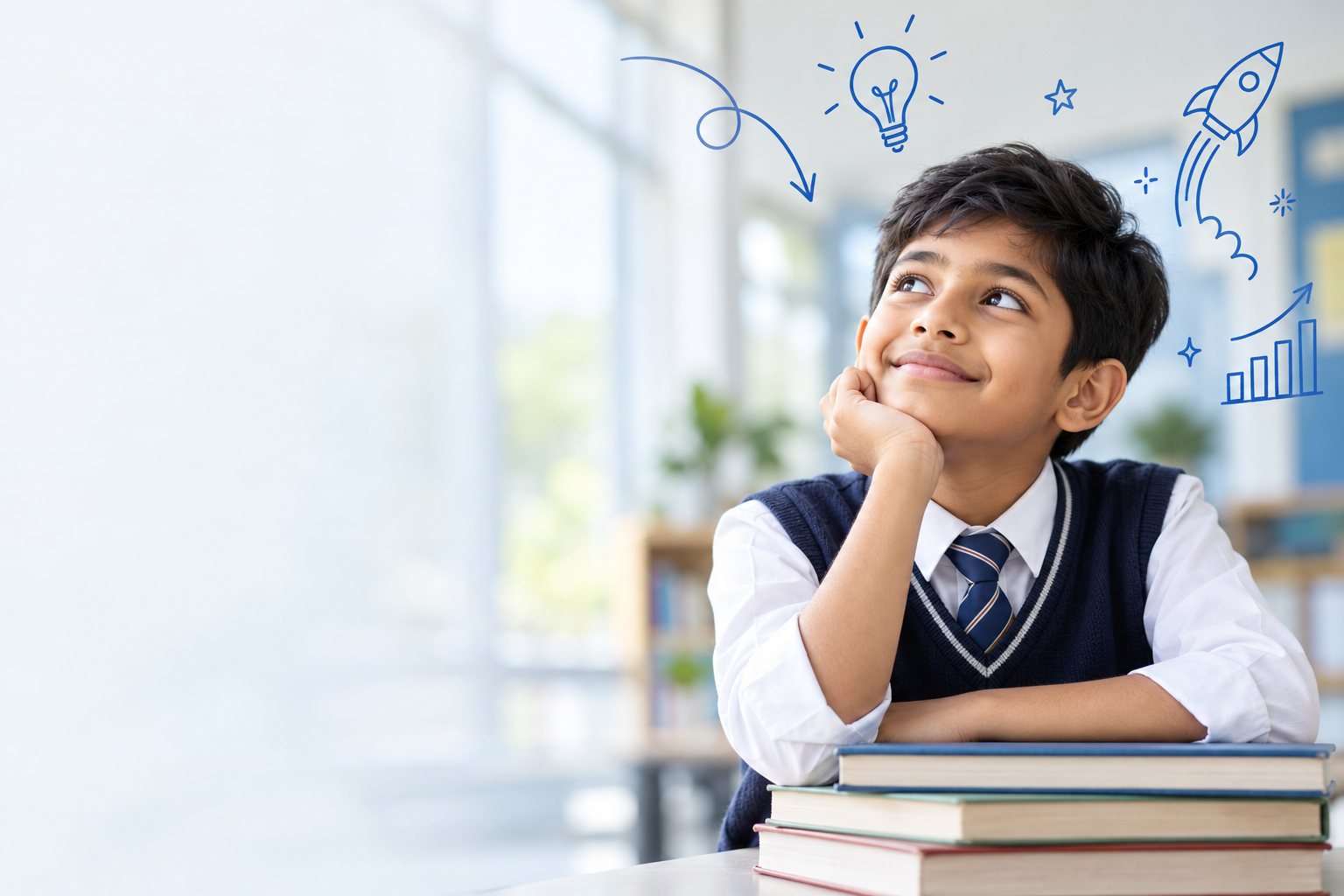 A smiling schoolboy rests his chin on a stack of books and looks up, imagining his future, with hand-drawn doodles of a lightbulb, rocket and rising chart around him