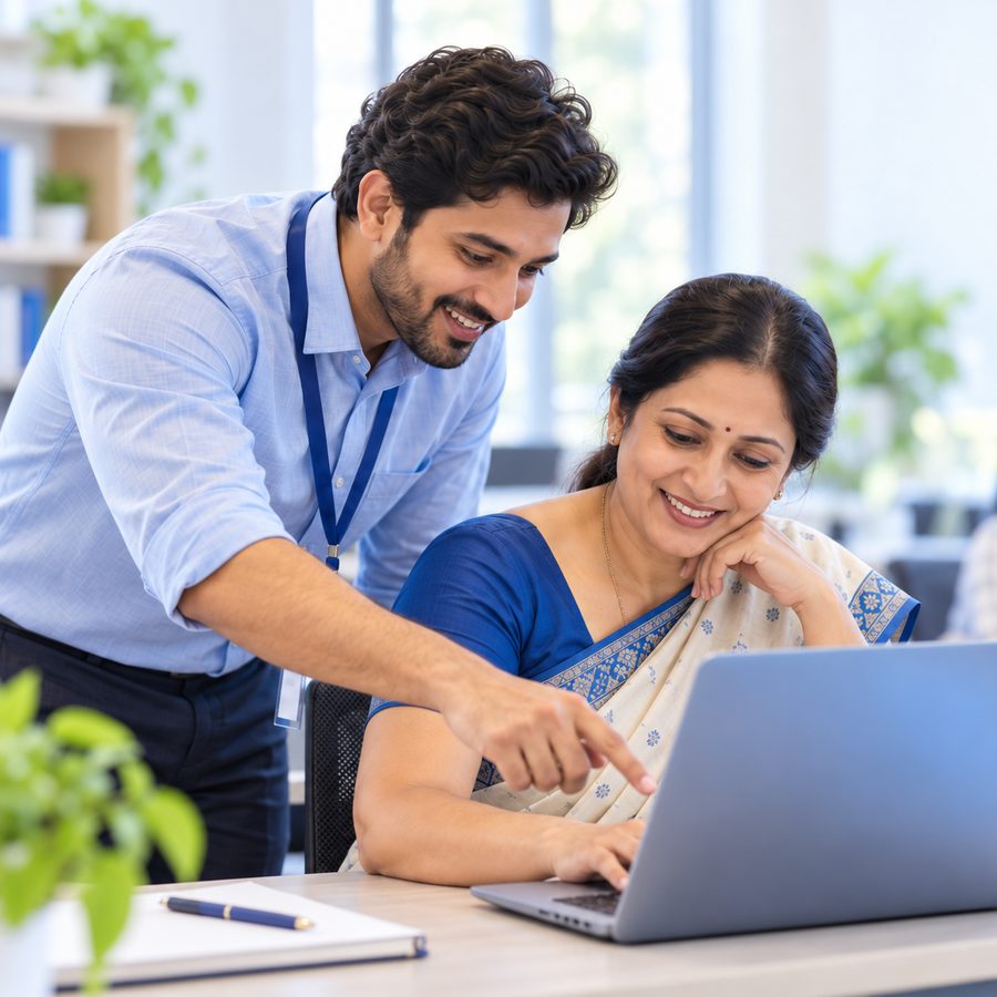 A Capabble trainer guides a teacher on a laptop while other teachers practise in a bright computer lab