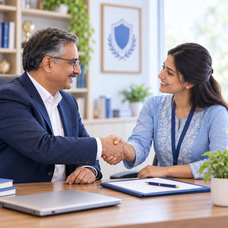 A school director shakes hands with a Capabble account manager across his office desk
