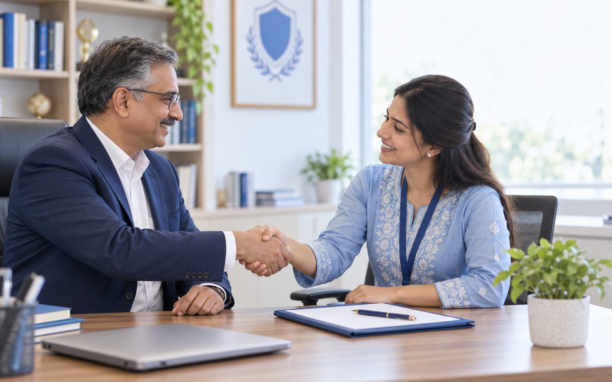 A school director shakes hands with a Capabble account manager across his office desk
