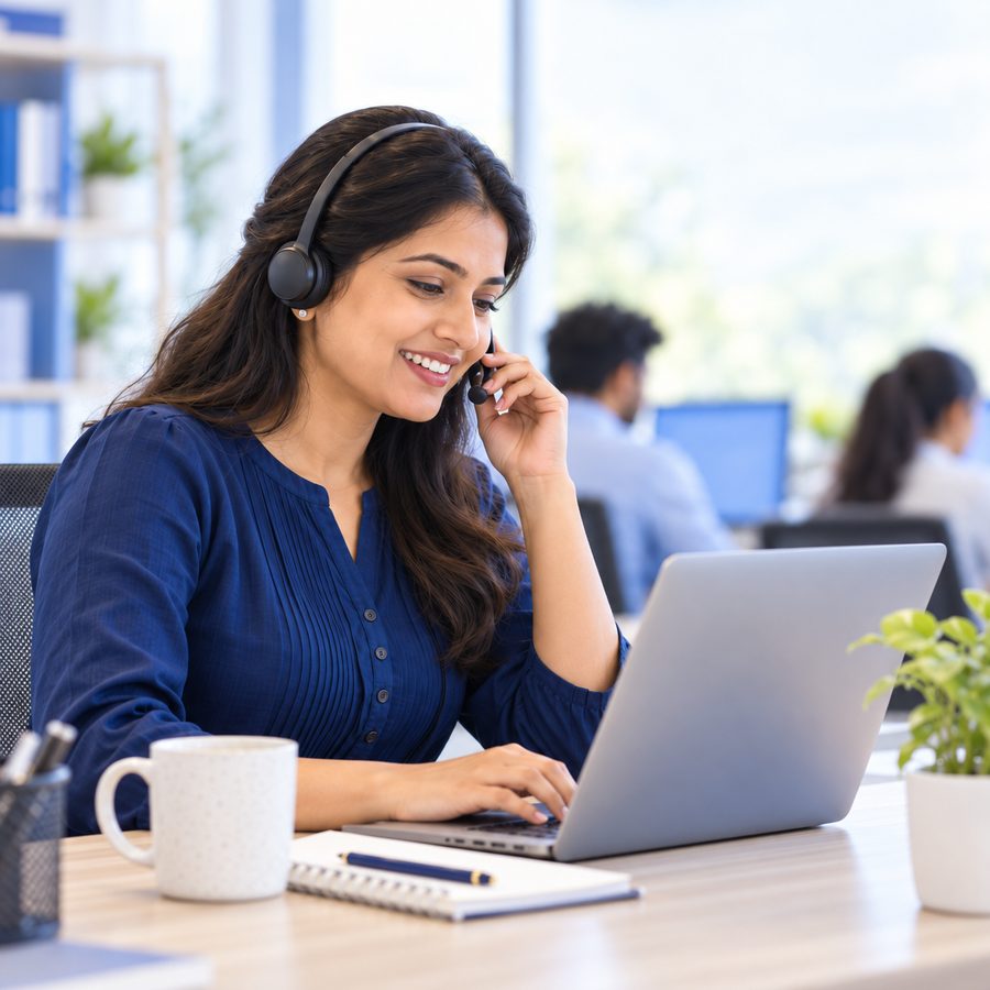 A Capabble support specialist wearing a headset smiles as she helps a school on a call