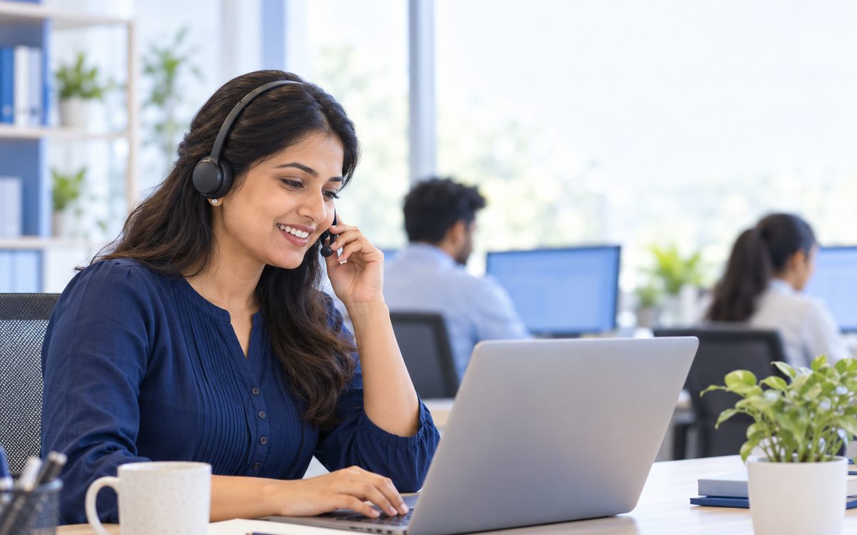 A Capabble support specialist wearing a headset smiles as she helps a school on a call
