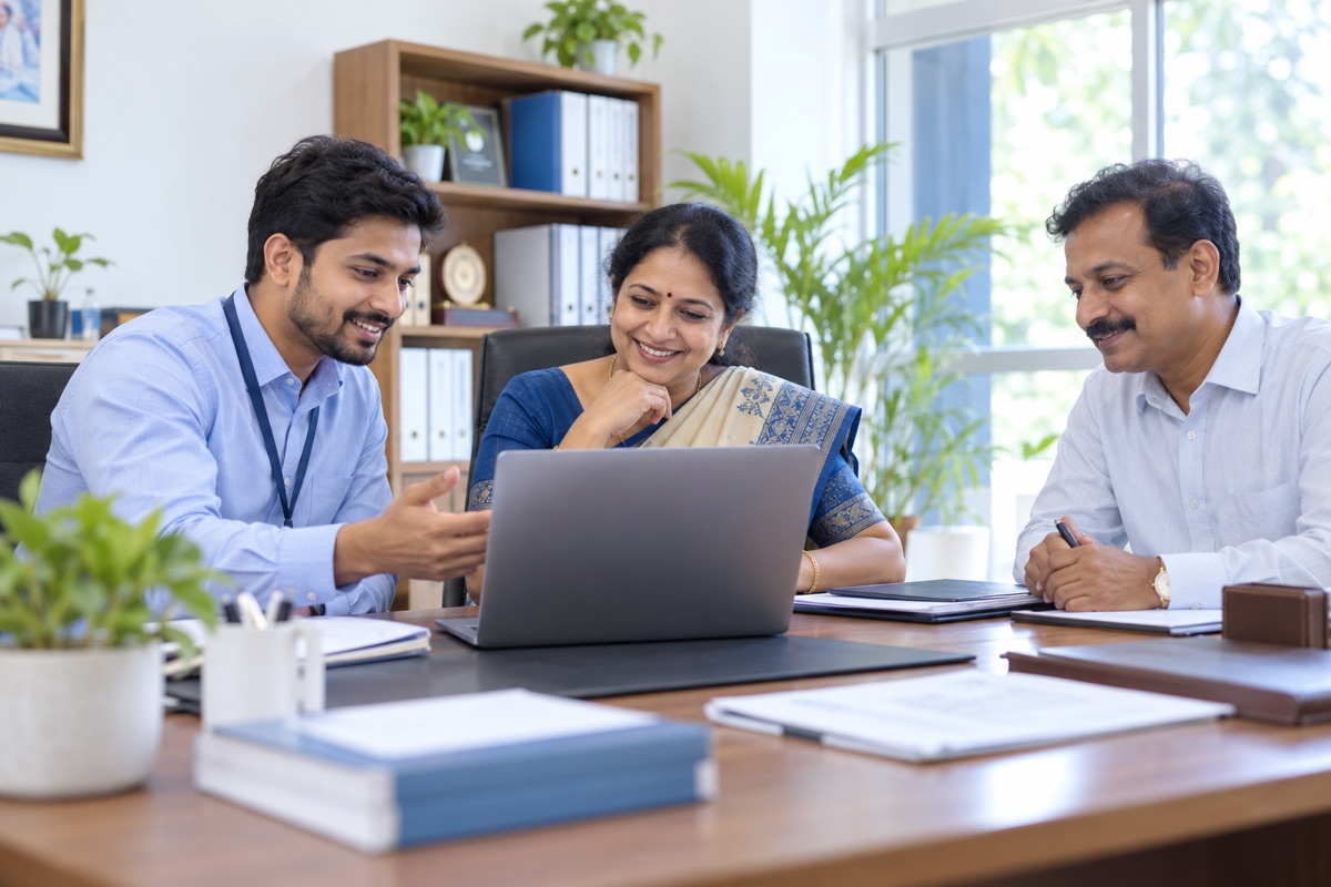 A Capabble team member walks a school principal and office staff through the software